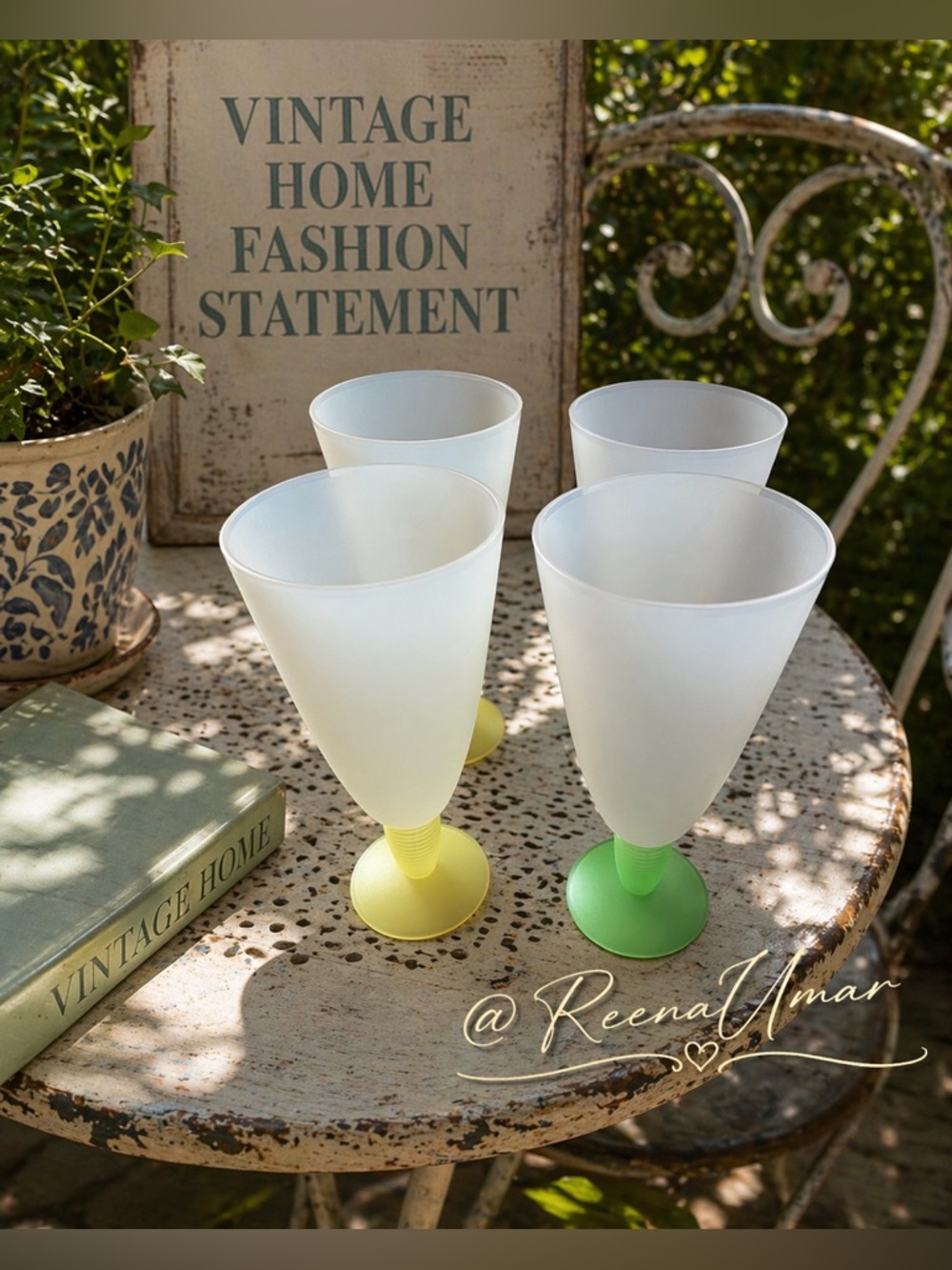 Tupperware Frosted Plastic Wine Goblets – Set of 4 (Yellow & Green Stems)
